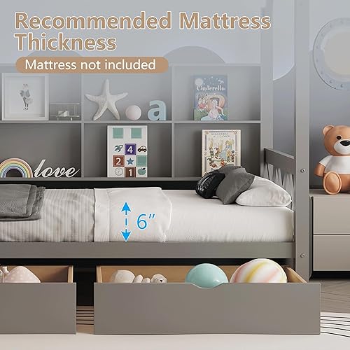 Miniatura 6 de HUMEHA Cama individual para niños, cama de plataforma con 2 cajones, marco de cama Montessori con barandillas y listones de madera, cama de