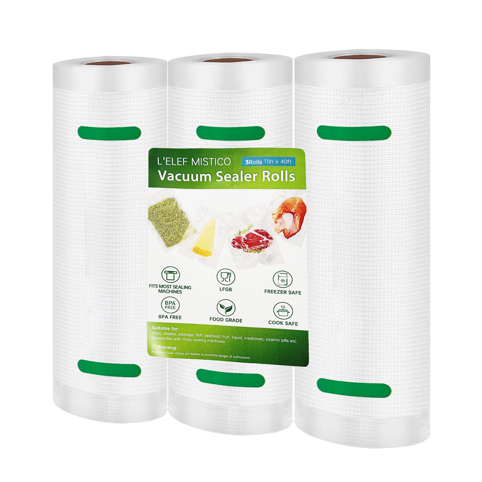 L'ELEF MISTICO Bolsas selladoras al vacío para ahorro de alimentos, 11 x 40 pies (3 rollos) rollos selladores sin BPA, bolsas de almacenamiento de alimentos de tamaño personalizado para sellador al