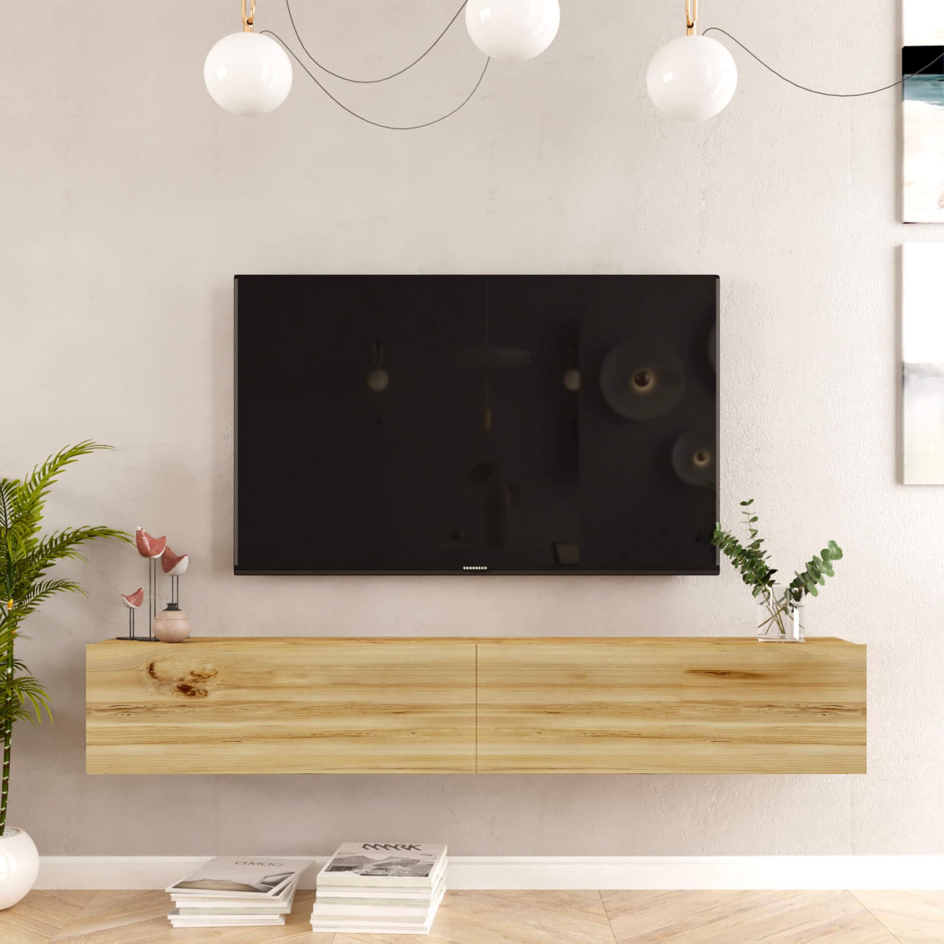 Rebecca Mobili Mueble para TV colgante, aparador colgante, roble claro, aglomerado, con 2 puertas, para salón moderno – Medidas (alto x ancho x profundo): 29,5 x 180 x 31,5 cm – Art. RE7211