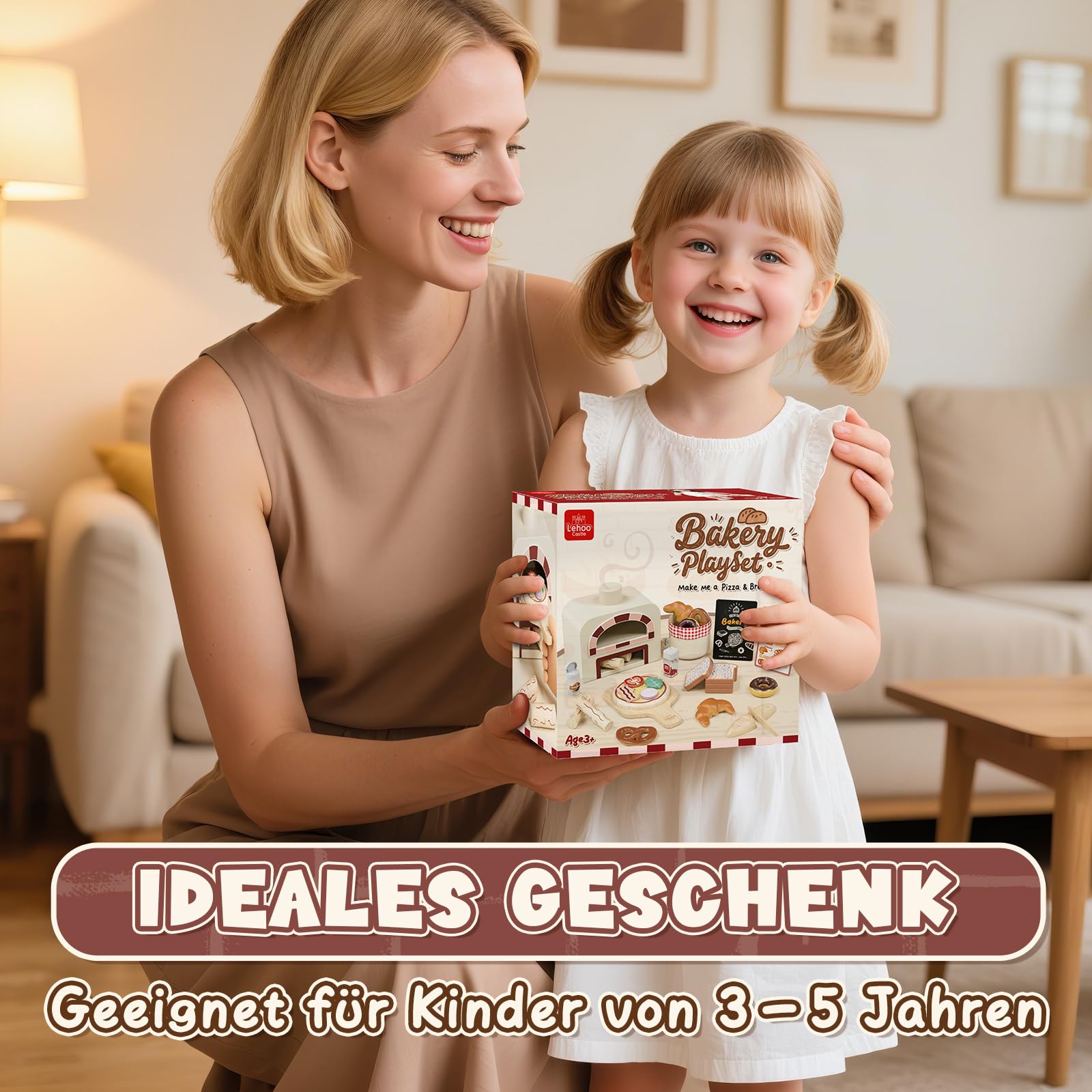 Lehoo Castle Kinderküche Zubehör Holz, Spielküche Zubehör, Pizza Kinderküche, Backset für Kinder, Rollenspiel-Geschenke Spielzeug ab 3 Jahre Mädchen