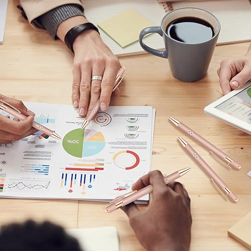 Miniatura 140 de 12 bolígrafos con punta de lápiz capacitivo, 0.039 in de tinta negra, bolígrafo de metal para pantallas táctiles, bolígrafo 2 en 1 (cian y oro rosa)