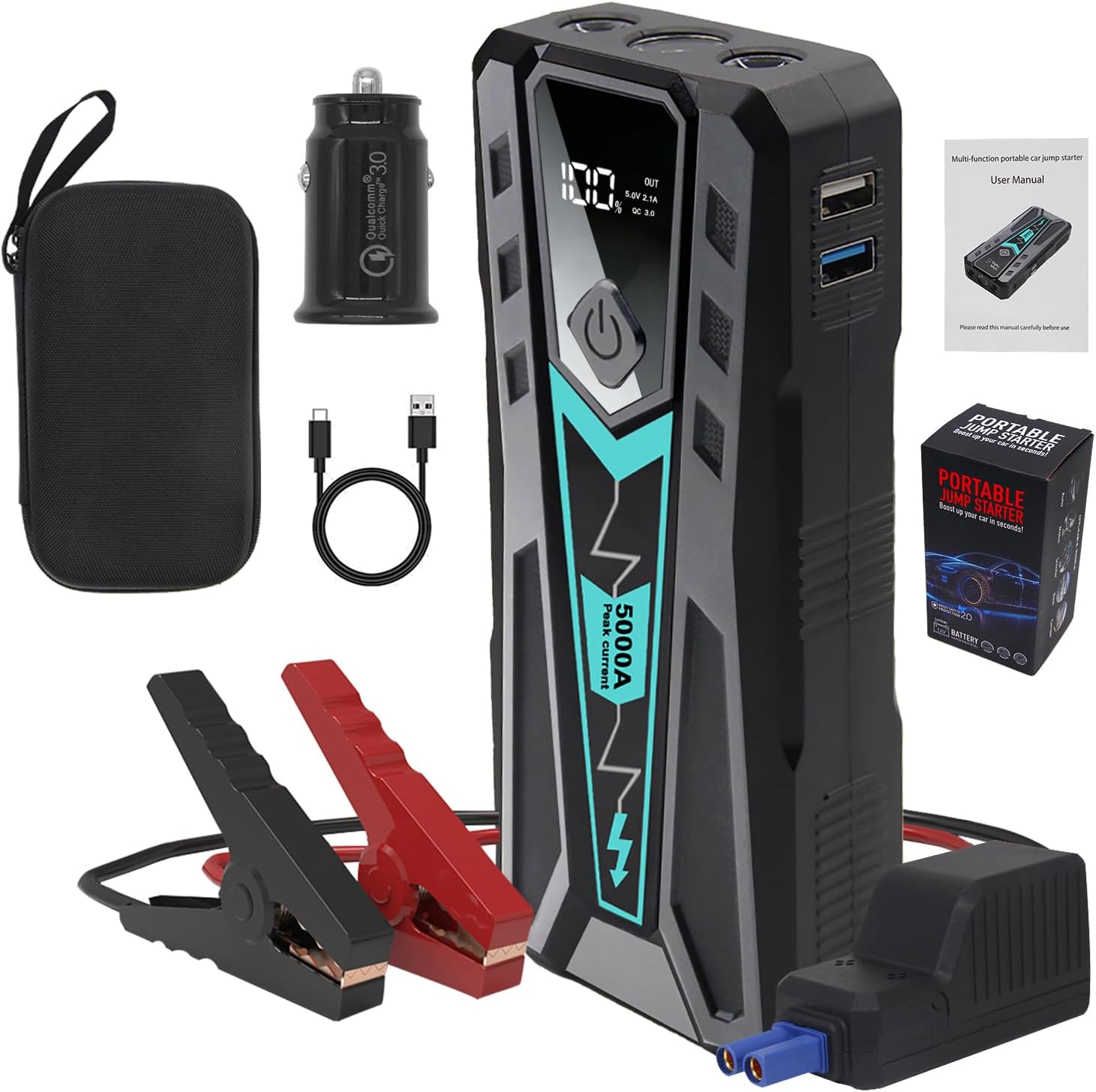 5000A Car Jump Starter, Portable Battery Jump Starter for Car with Hard Case Bag, 12000mAh Power Bank Jump Pack for 10.0L Gas/9.0L Diesel Engines with LED Flashlight