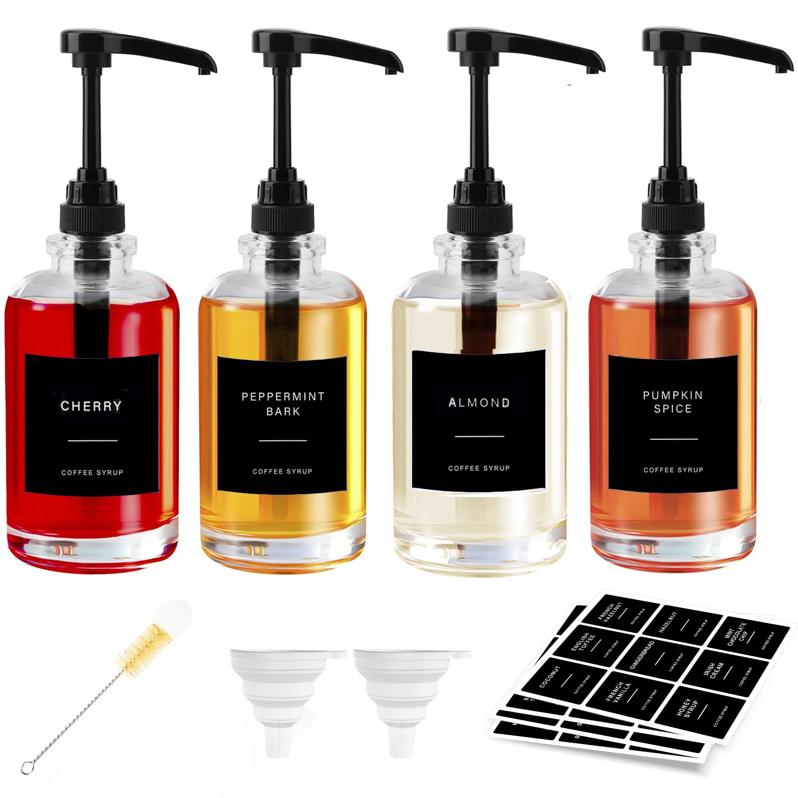 MUVEKA Coffee Syrup Dispenser for Coffee Bar, Glass Syrup Dispenser with Pump, Coffee Syrup Pump Dispenser Bottle for Coffee Station, Coffee Bar Organizer, Black,16.9 oz, 500 ml