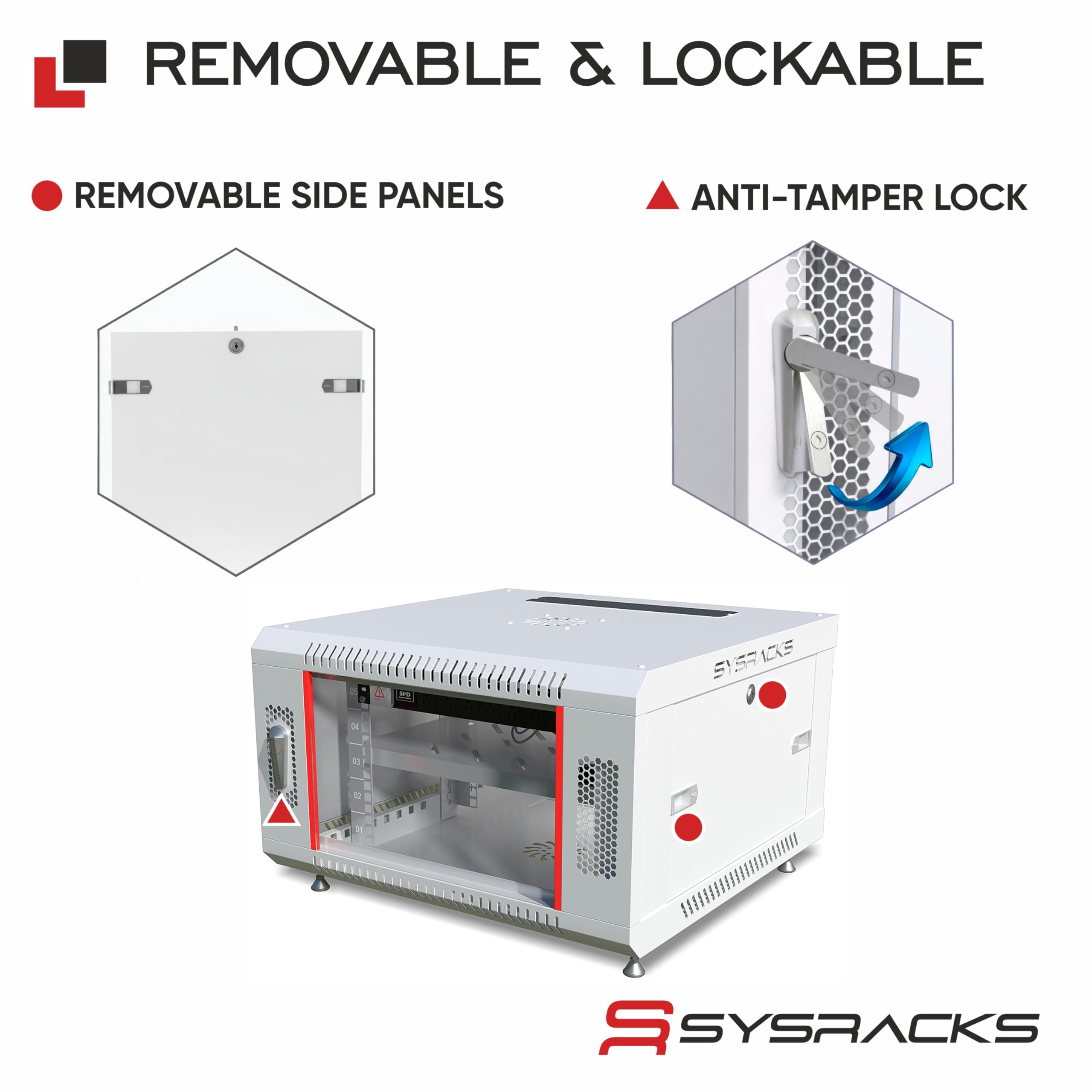 Sysracks 6U Boîtier mural pour serveur de données informatiques réseau AV 61 cm de profondeur – Étagère – PDU 8 voies – Ventilateur – Pieds réglables – Matériel