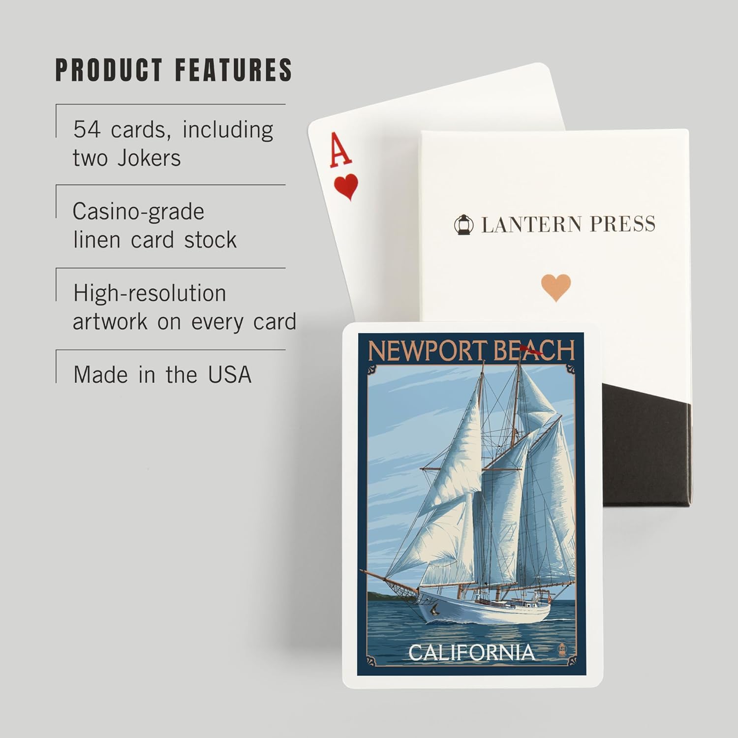 Lantern Press Newport Beach, California, Schooner Sailboat Scene, 52 Playing Cards for Adults, Poker Size Card Deck
