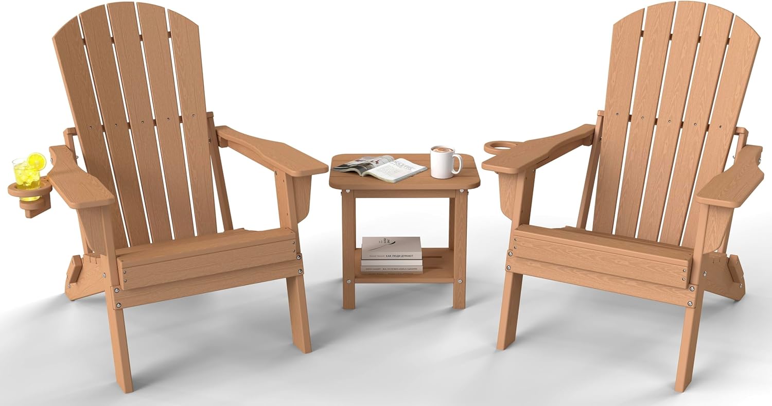 3-Piece Folding Adirondack Chair Set - 38" Extra Tall Back & Embossed Wood Grain, Oversized HDPE Patio Furniture with Side Table & Cup Holders, 380lb Heavy Duty, Cedar