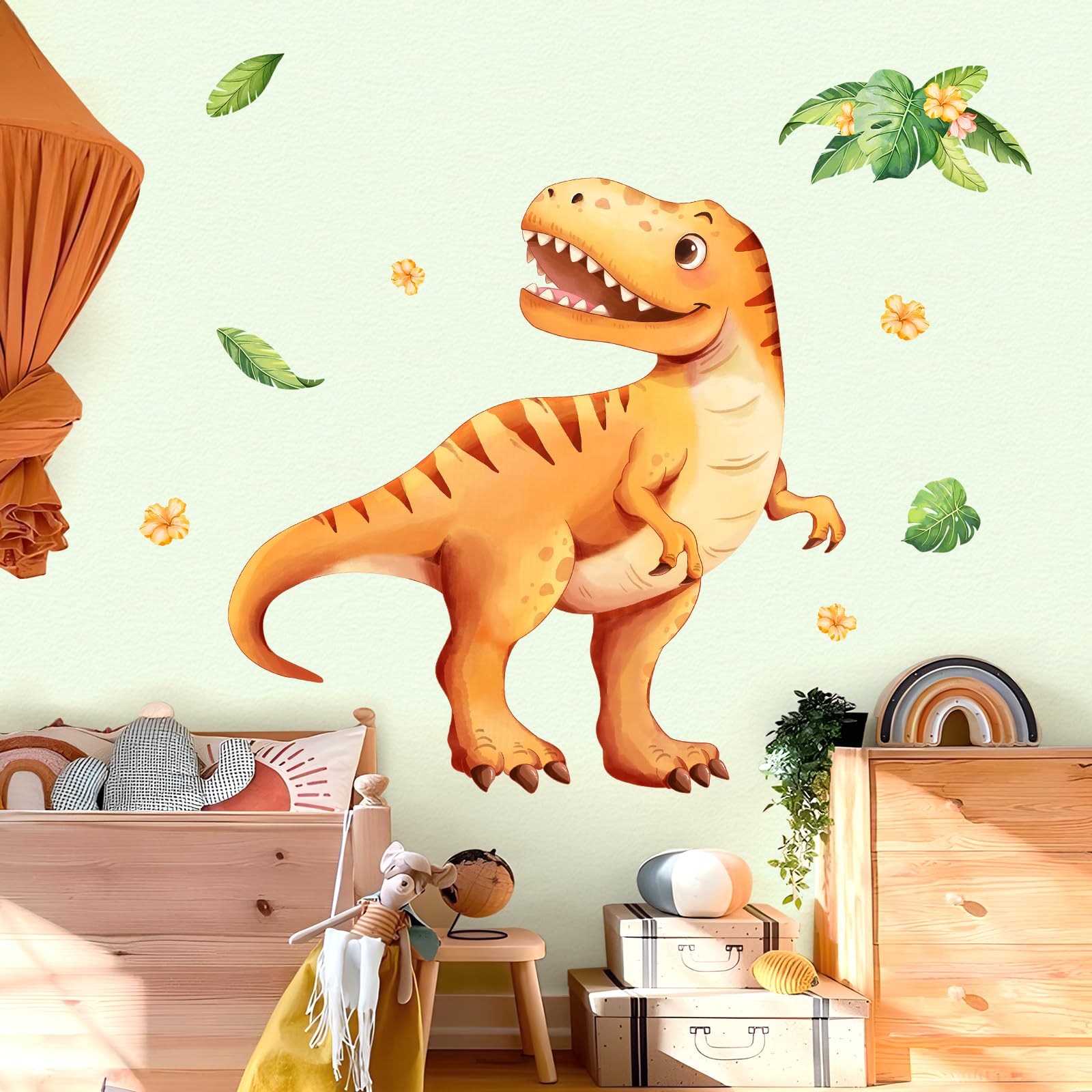 Tanlaby Grote Dinosaurus Muurstickers Geel Dino Palmblad Muurstickers Schillen en Stokken Jungle Art Decor voor Baby Kwekerij Jongens Meisjes Kinderen Peuter Slaapkamer Speelkamer Klaslokaal