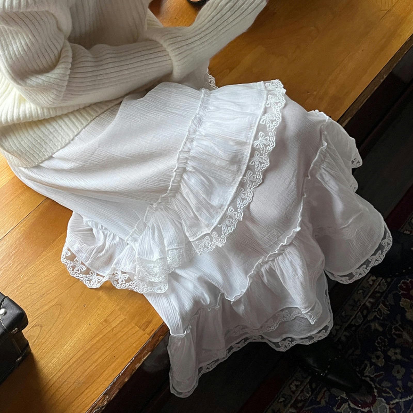 Falda de Encaje con Retazos de Encaje para niñas, Elegante, de Moda, Larga, de Princesa, Color Blanco, Talla S