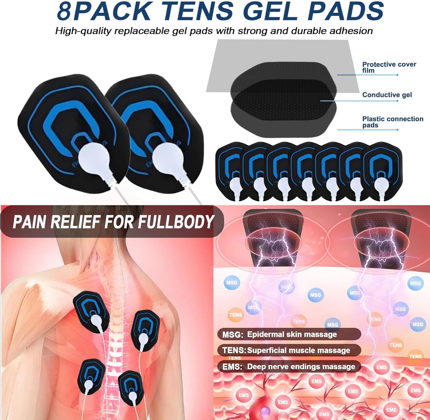 3 EN 1 TENS EMS Électrostimulateur Musculaire pour le soulagement de la douleur, la stimulation musculaire, avec 30 Intensités et 27 Modes, 2 Canaux Indépendant & 8 électrodes