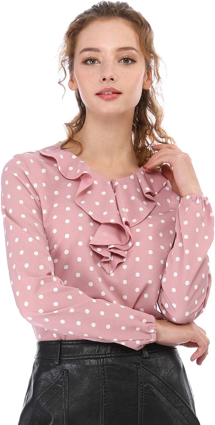 Women's Ruffle Neck Long Sleeve Vintage Polka Dots Blouse Shirt