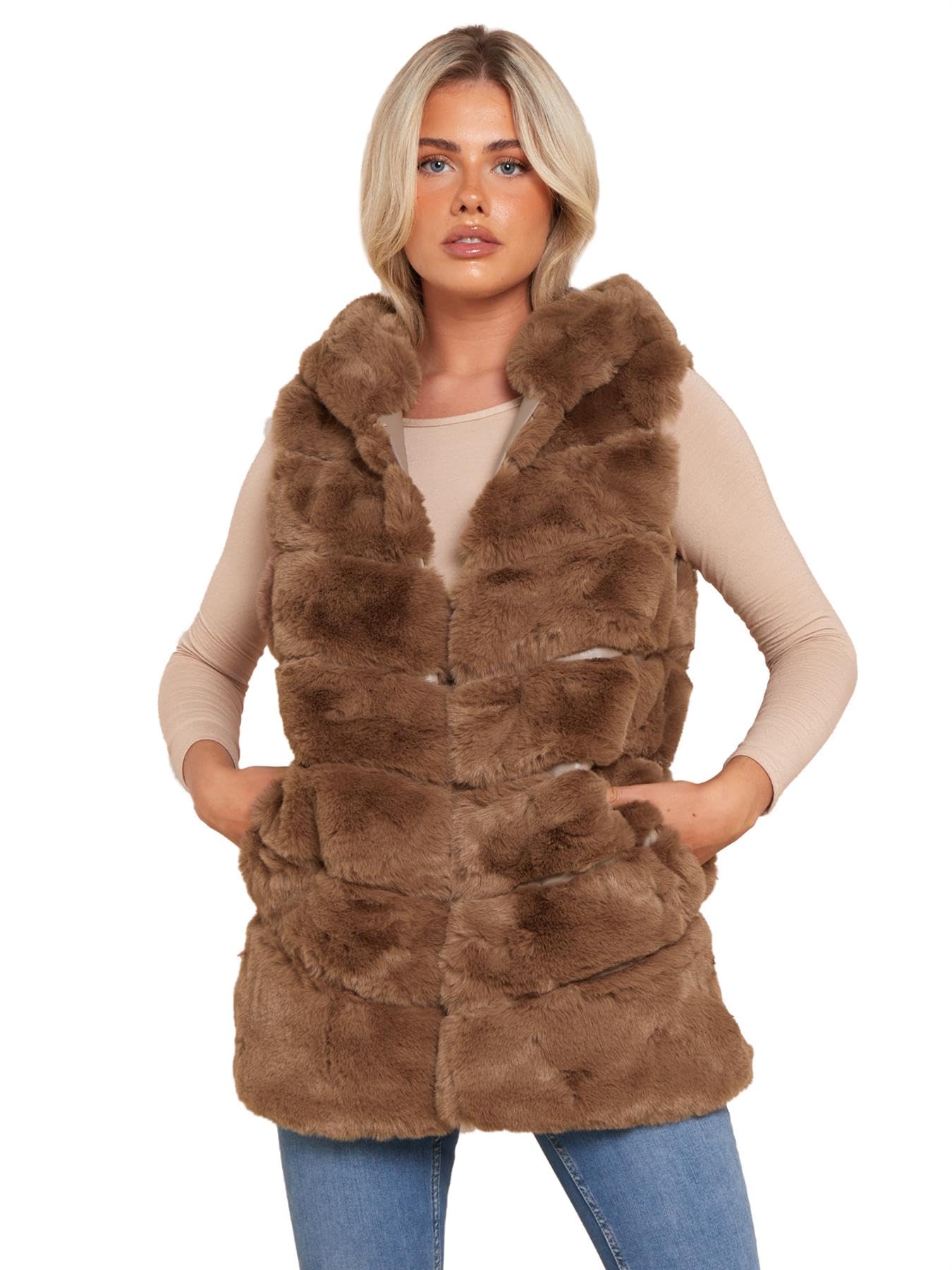SS7 Womens Faux Fur Gilet Sleeveless Waistcoat Jacket Brown