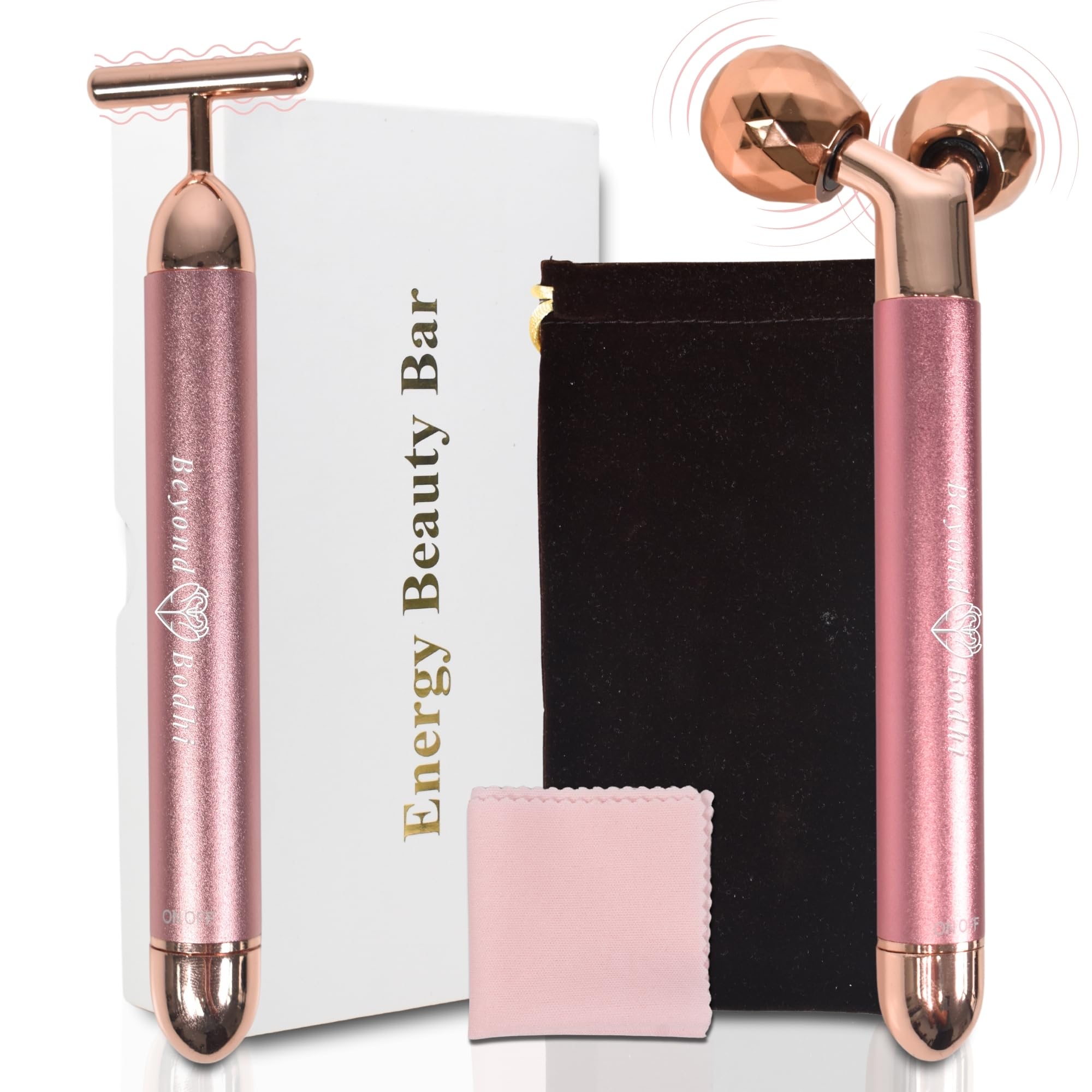 BeyondBodhi Masajeadores faciales 2-EN-1 Oro rosa | Tonificador facial de microcorrientes | Masajeador facial reafirmante | Masajeador de ojos antiarrugas | Masajeador facial eléctrico | Skincare