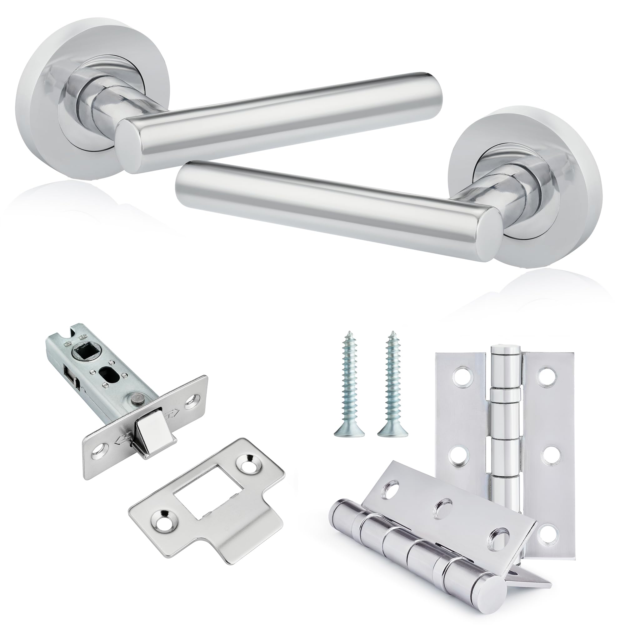Xfort Polished Chrome Liberty Door Handle Latch Pack Includes Liberty Lever On Rose Door Handles, 65Mm Tubular Latch & 2 Hinges, Complete Internal Door Handle Set