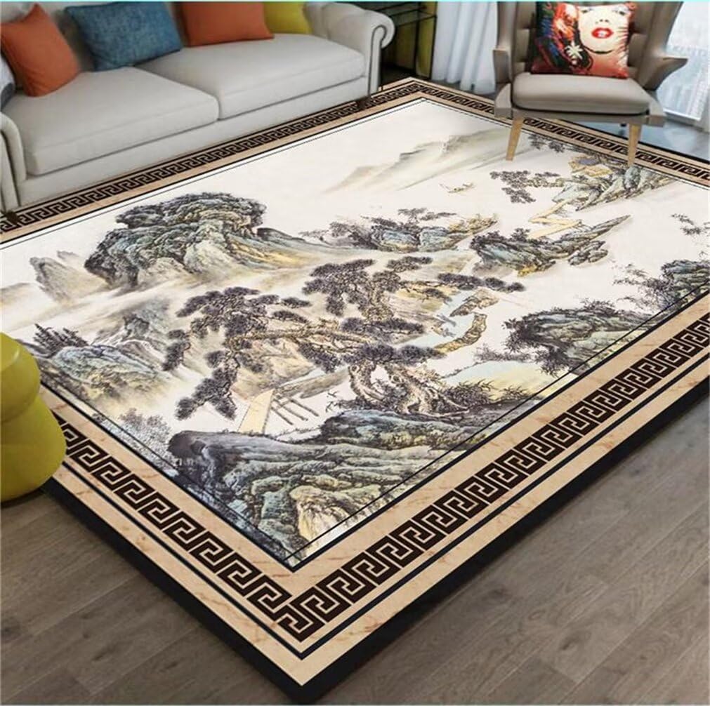 Tapis de canapé 200x300cm noir et gris au motif oriental chic pour grand salon et bureau