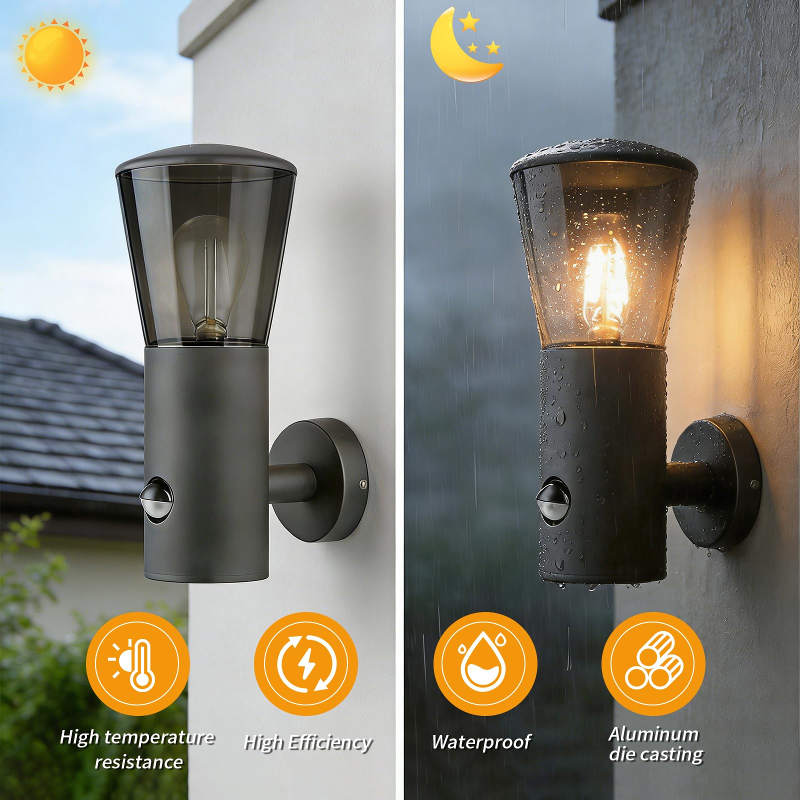 2 Stück Bewegungsmelder Außenwandleuchten rauchgrau, Wasserdicht Wandlampe mit E27 Sockel ohne Leuchtmittel, Außenbeleuchtung für Eingang, Garage, Hof, Terrasse und Garten | Bewegungssensor
