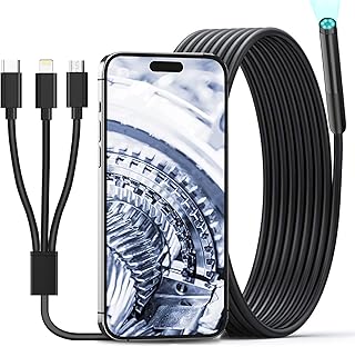 Aopick Endoscope Camera - 3 in 1 Wireless Industrial Borescope with 6 LED Lights, 7.9mm IP67 Inspection Camera Snake Camera for OTG Android, iPhone (9.8FT, USB-C, Micro, Lightning)