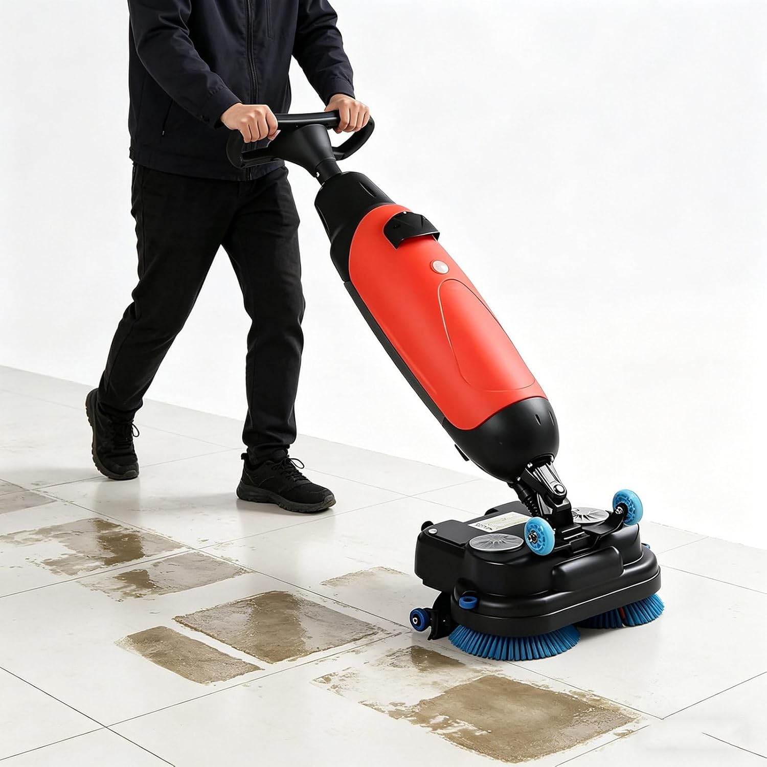 Commercial Floor Scrubber Machine, 17" Walk-Behind Floor Scrubber Buffer Polisher Machine with Dual Brushes, Floor Cleaner with Cordless Rechargeable Lithium Battery Red