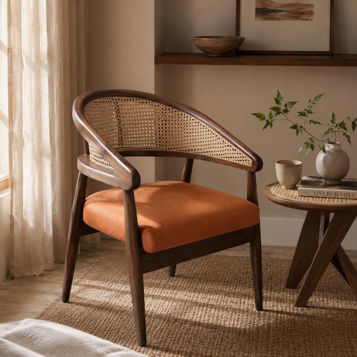 Solid Teak Wood Living Room Accent Chair with Walnut Matt Finish, Upholstered Fabric Seat for Elegant Comfort (Walnut, Teak Wood, Orange Velvet Fabric)-image-25