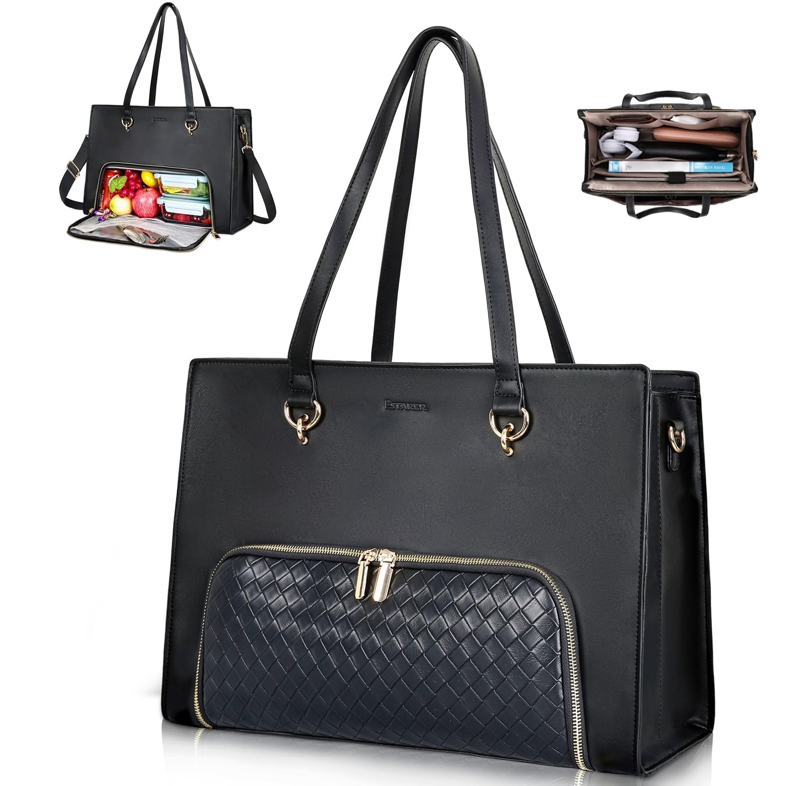 ESTARER Women Laptop Tote Bag with Insulated Lunch Compartment, 17-17.3 Inch PU Leather Work Bag Water-resistant, Convertible Large Business Computer