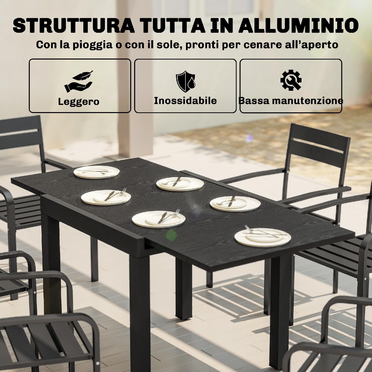 Tavolo da Esterno Giardino, Allungabile, Quadrato, in Alluminio, 80-160x80x75 cm, Nero