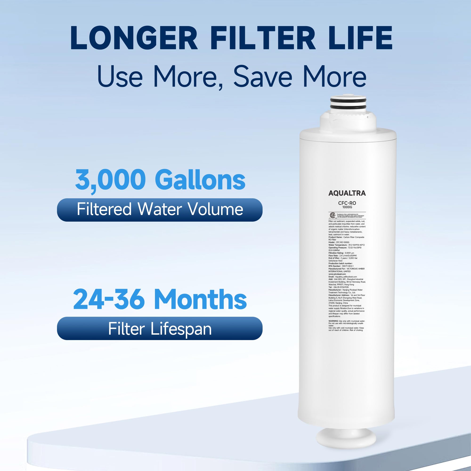 AQUALTRA CFC-RO-1000G Filtro RO repuesto para USF-AR-1000 Sistema de ósmosis inversa bajo fregadero, vida útil 24–36 meses – alto caudal 1000 GPD, relación 3:1 ahorradora de agua, elimina hasta el 99%