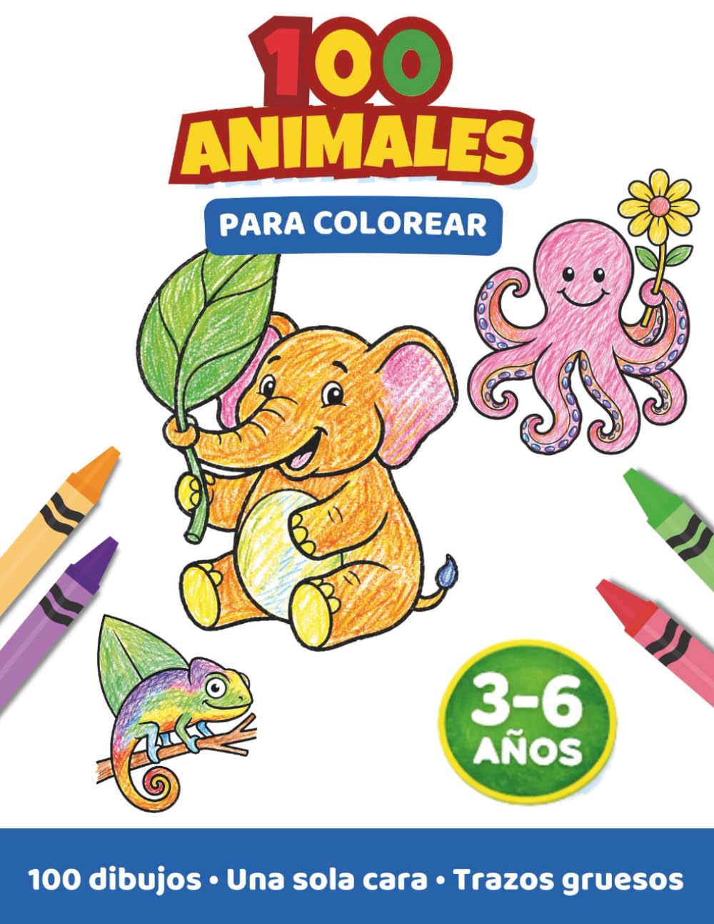 100 Animales para colorear para niños: Libro de colorear fácil con dibujos grandes · 3 a 6 años · Trazos gruesos (Sanzora Kids Color)