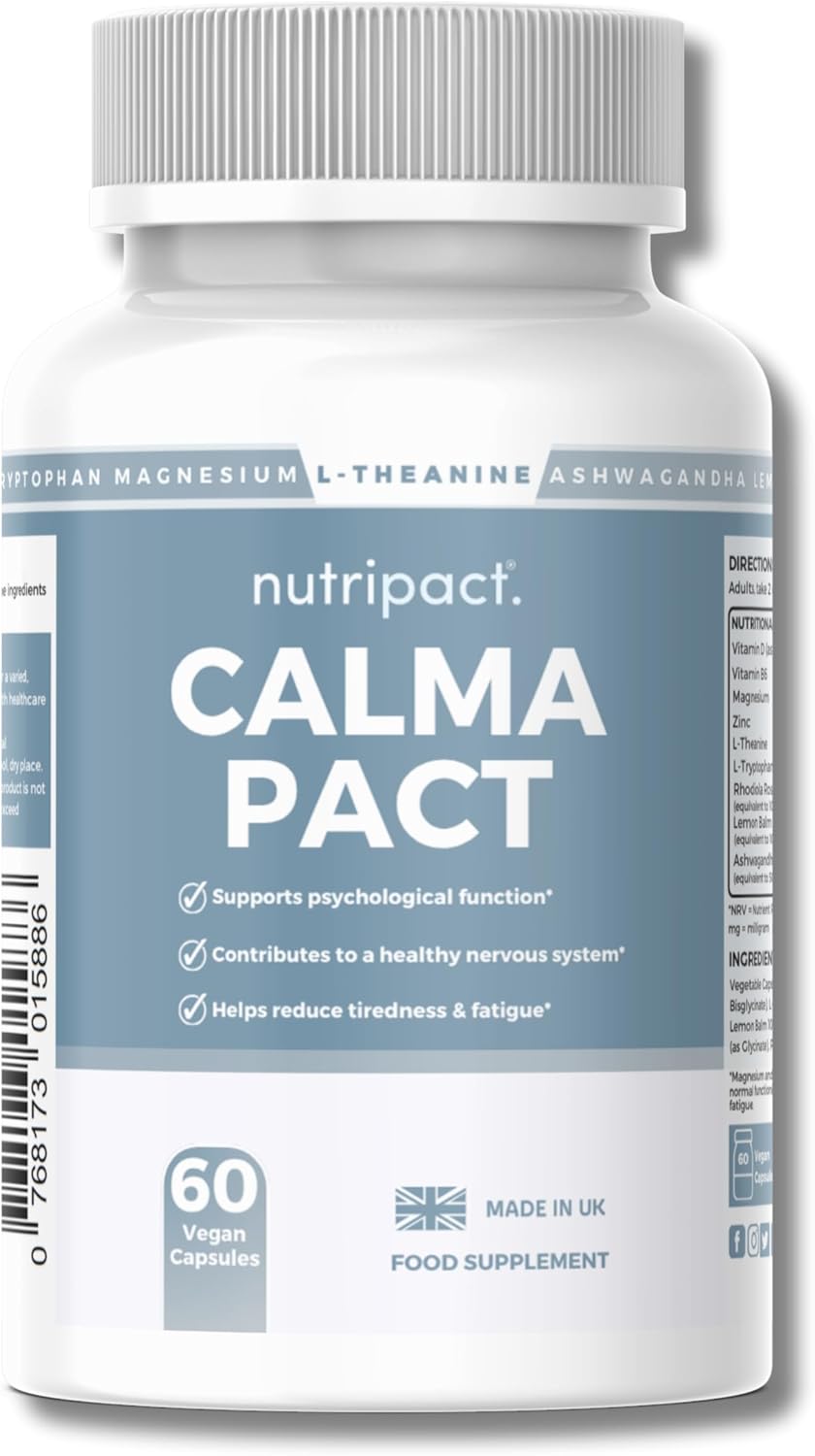 Nutripact Calma Pact Stress & Anxiety Relief Supplement – 9-in-1 Complex – Ashwagandha KSM 66, Magnesium, L-Theanine, L-Tryptophan, Lemon Balm, Rhodiola Rosea, Zinc, Vitamin D3, B6-60 Vegan Capsules