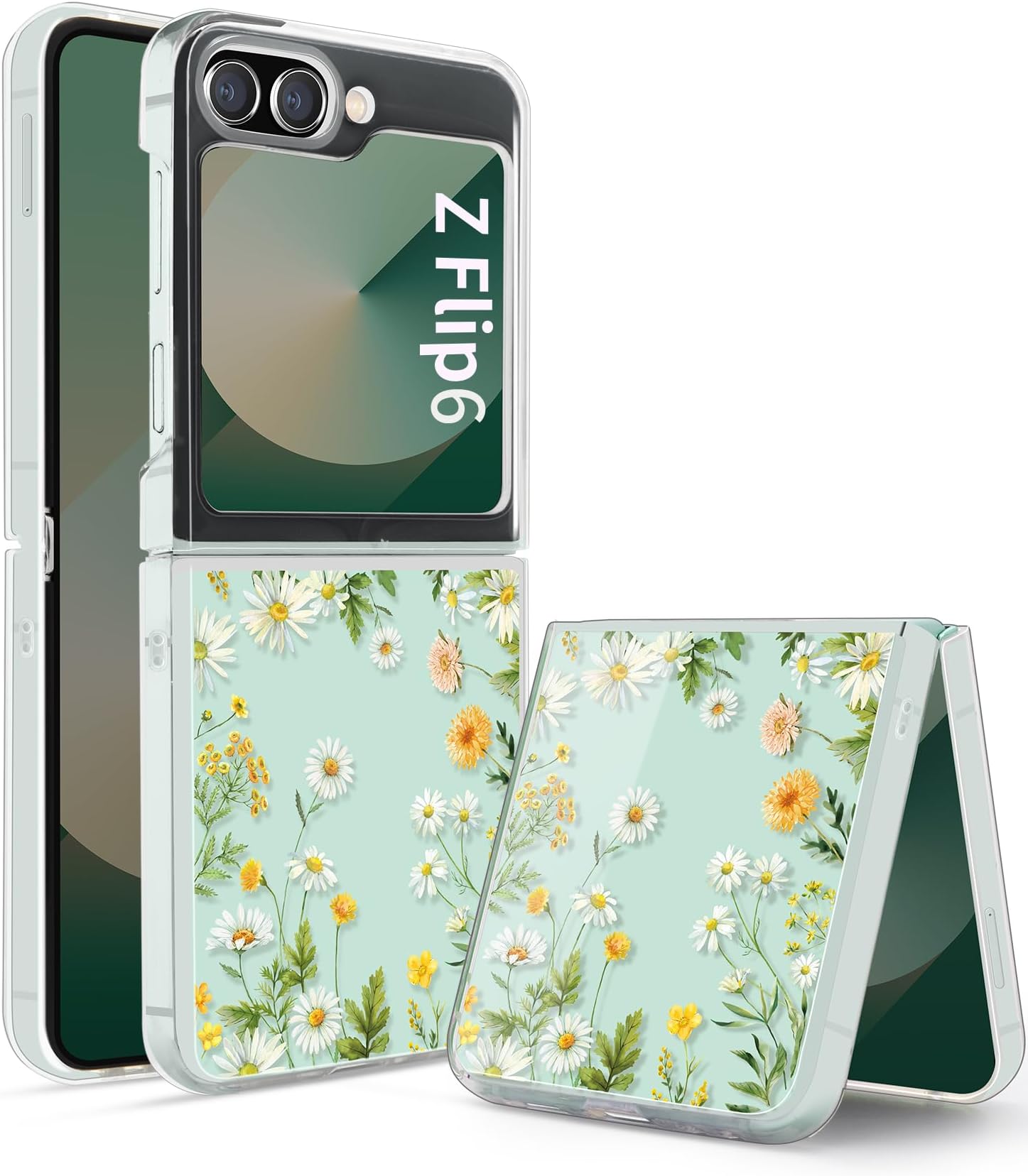 Gronda Clear Phone Case for Samsung Z Flip 6 5G - Shockproof Protective Slim Soft Drop Protection Cute Women Girls Case Cove - Green Flower