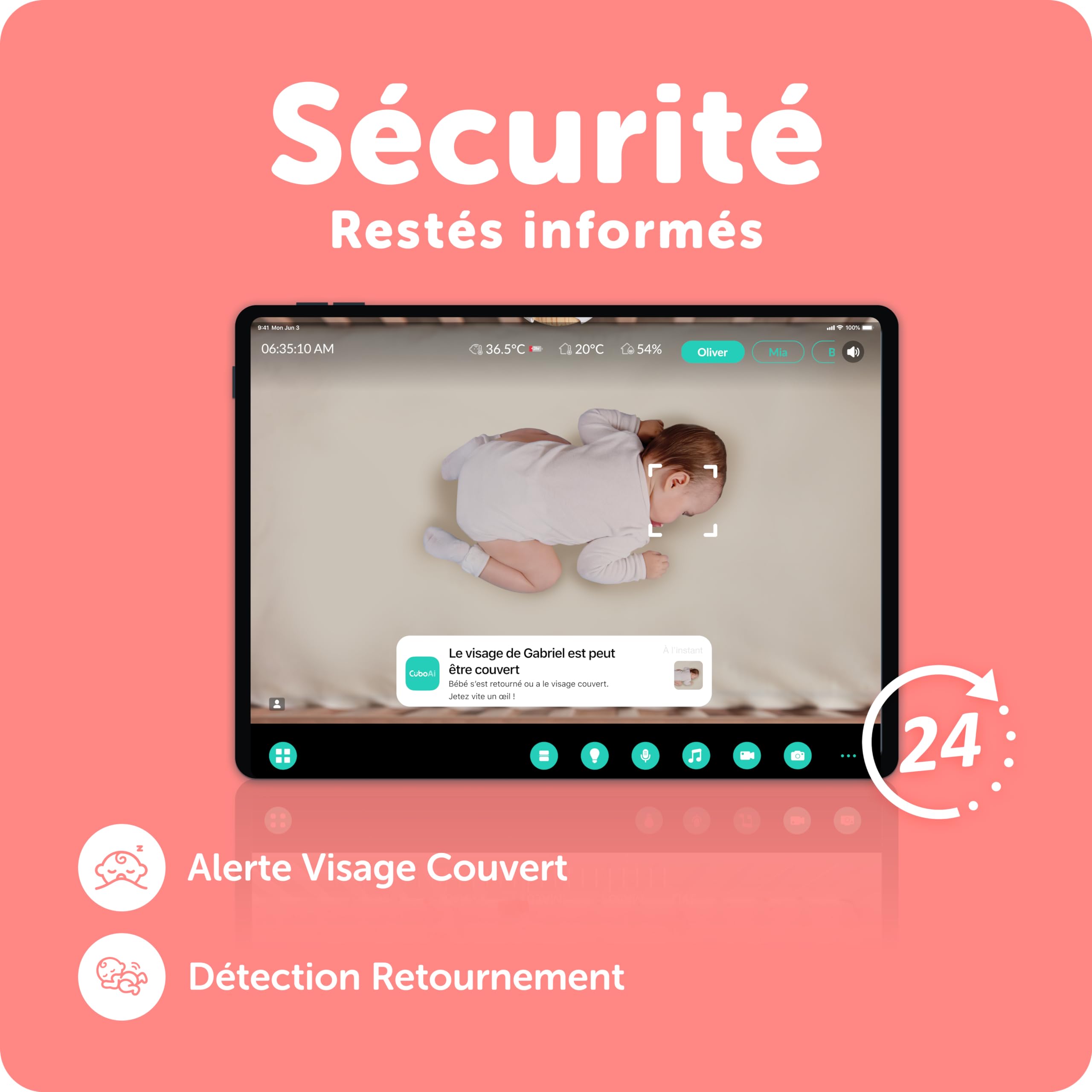 Cubo AI Babyphone Intelligent et 3 Supports | Caméra WiFi Vision Nocturne 1080p HD avec alertes I.A. pour la sécurité de bébé, Analyses du Sommeil, Audio bidirectionnel | iOS, Android