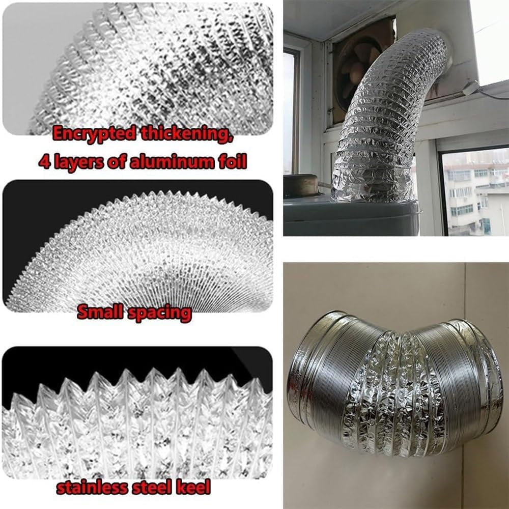 Air Aluminum Duct Dryer Vent Hose 6" 8" 10" 12" Flexible Non-Insulated Duct Tube HVAC Exhaust Pipe Four-Layer Protection(L 3m(9.8ft),300mm(12"))