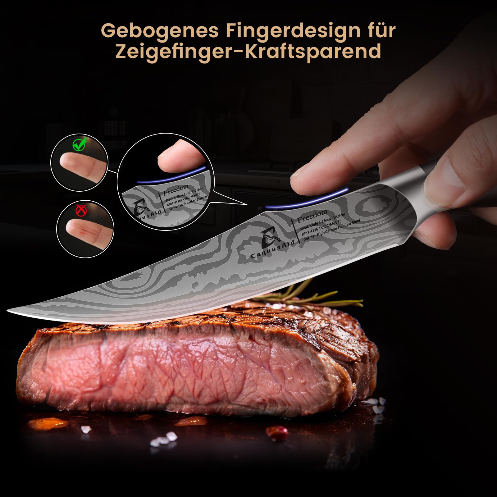CoquusAid Steakmesser Set 4-teilig, 12,2cm Fein Geschliffen und Uperscharf Besteck Set mit Hochwertiger & Ergonomischer Griff aus Deutschem Edelstahl, Elegantes Schwarz Steak Messer als Geschenk