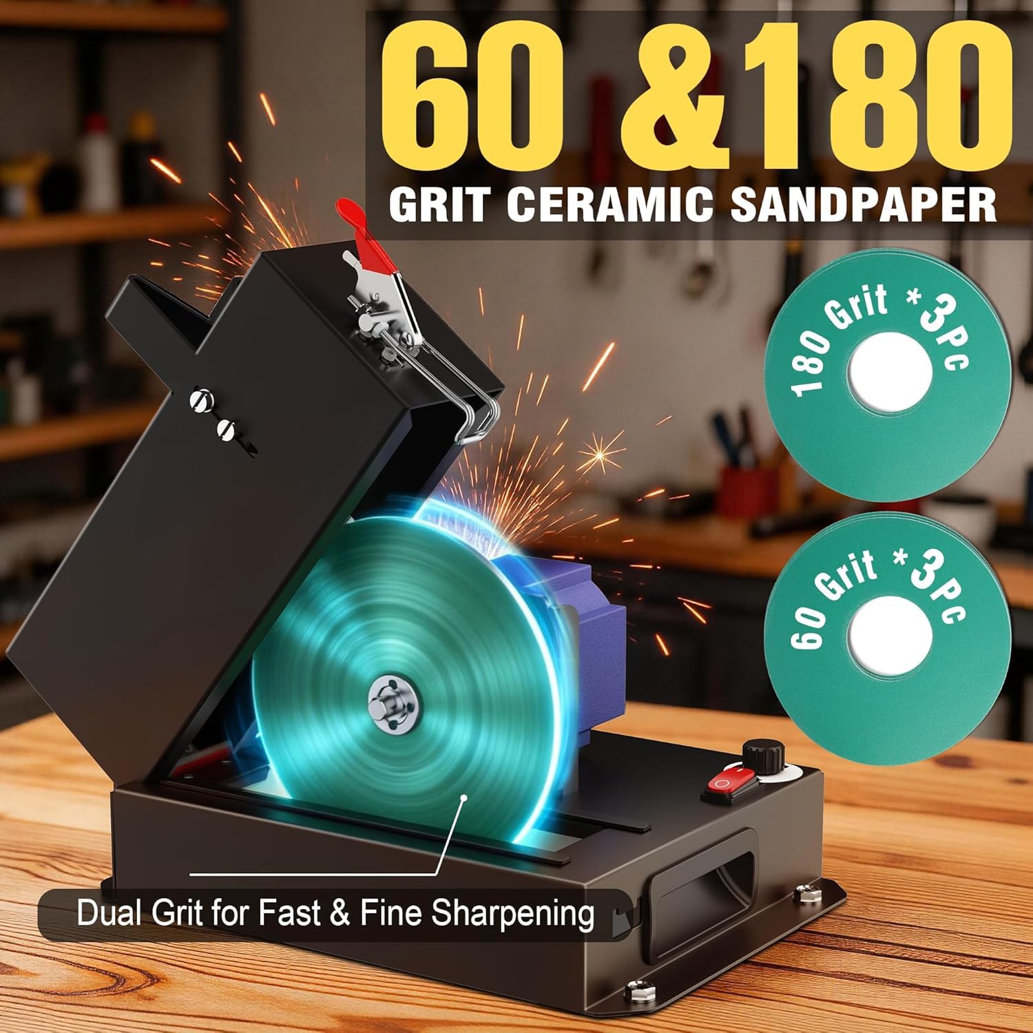 SporGain Afilador de cuchillas para cortacésped, motor sin escobillas, herramienta afiladora de cuchillas para cortacésped de 3000 rpm, rueda de cerámica de 7 pulgadas con 6 discos de lijado para