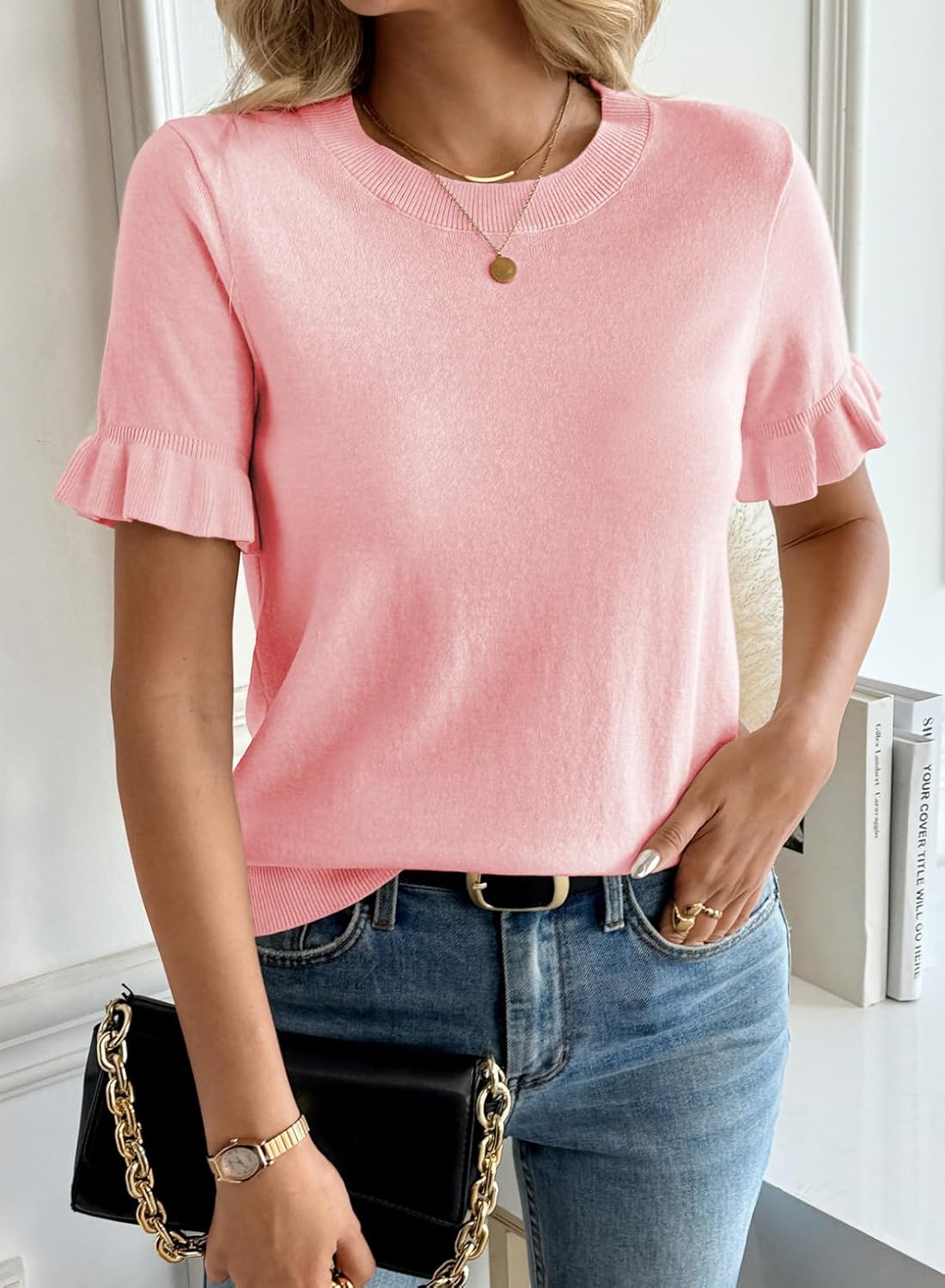 EVALESS Women's Short Puff Sleeve Knit Tops 2026 Trendy Crewneck T Shirts Casual Summer Clothes - Image 4