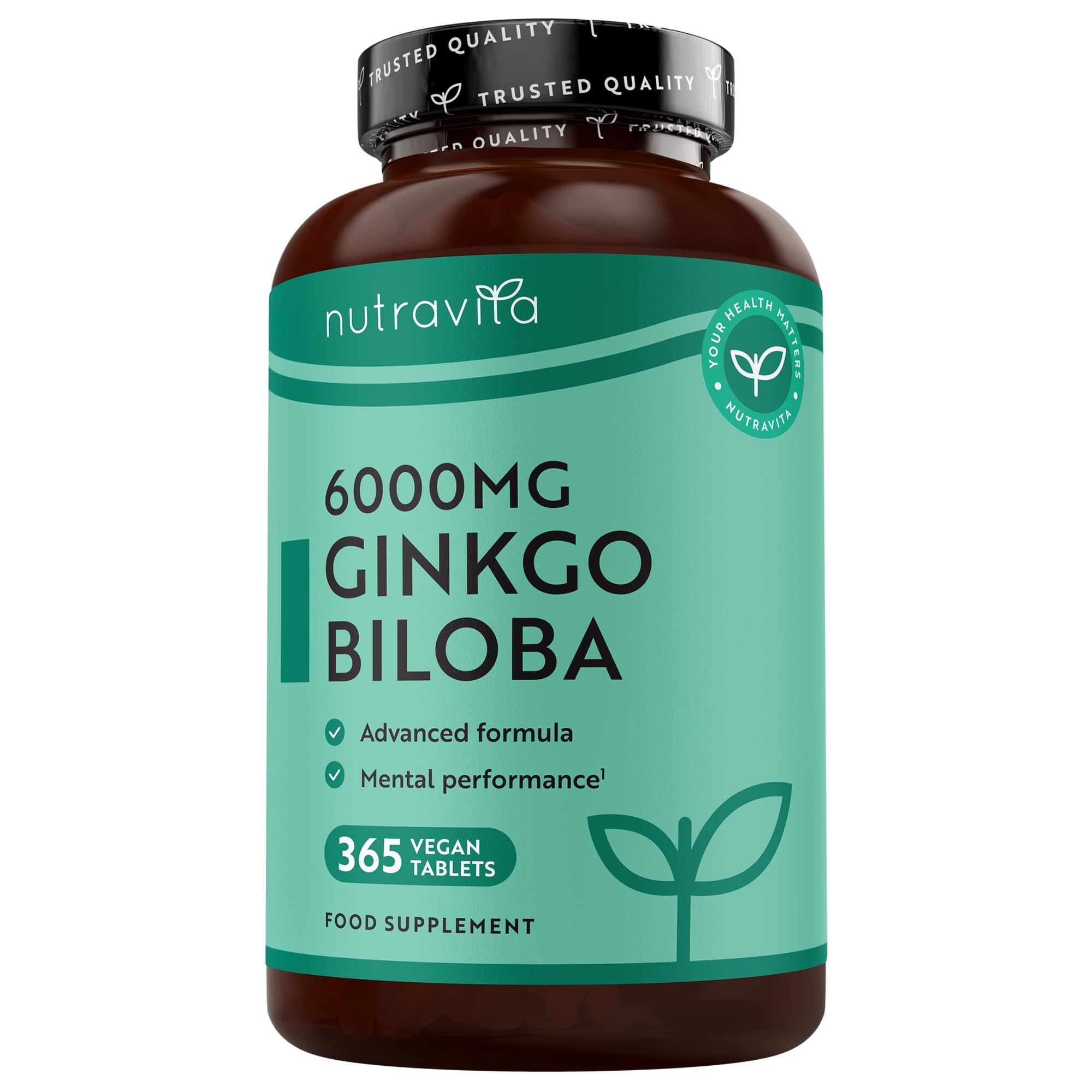 Nutravita Ginkgo Biloba 6000 mg – 365 Compresse Vegane per 1 Anno – Ginko Biloba Integratore Alimentare con Vitamina B5 (Acido Pantotenico) – Estratto 50:1