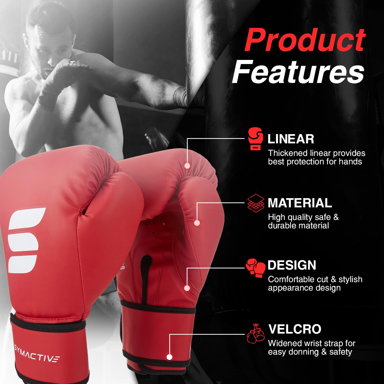 Amazon Brand β Symactive PU Boxing Gloves 10 OZ | Lightweight Contest Gloves for Training & Sparring | Breathable| Red 1