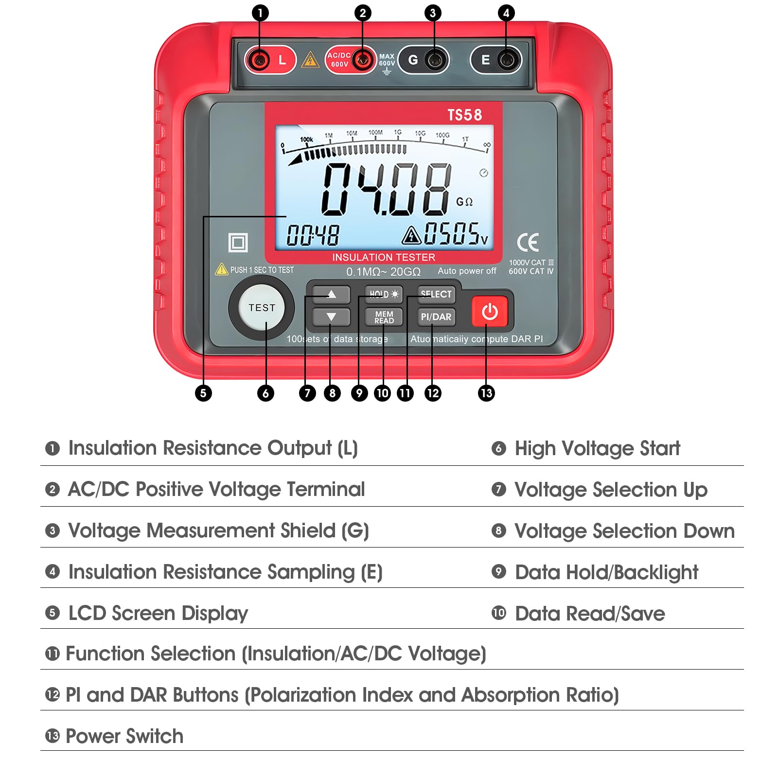 AIOMEST Digital Megohmmeter, 1000V Isolationsmessgerät, 0.1MΩ~20GΩ, 50V/100V/250V/500V/1000V, mit Hintergrundbeleuchtung, Messgeräte für elektrische Geräte wie Motoren und Kabel, T0-TS58