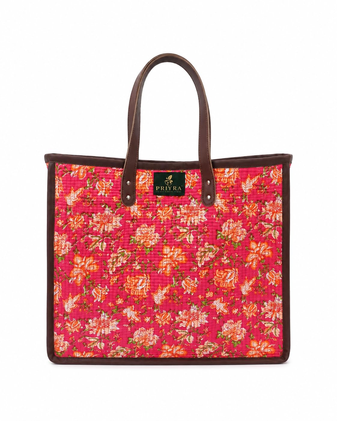 Quilted Cotton Floral Tote Bag with Faux Leather Handles