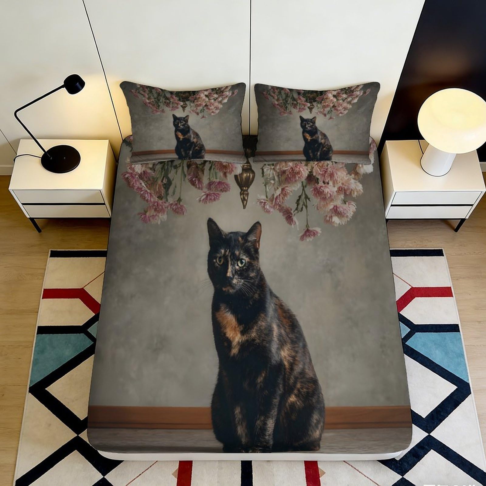 3D Printed Black Cat Floral Fitted Sheet Microfiber Soft Bedroom Decor Mattress Cover for Adults Teens Dorm Room 90x200x25cm