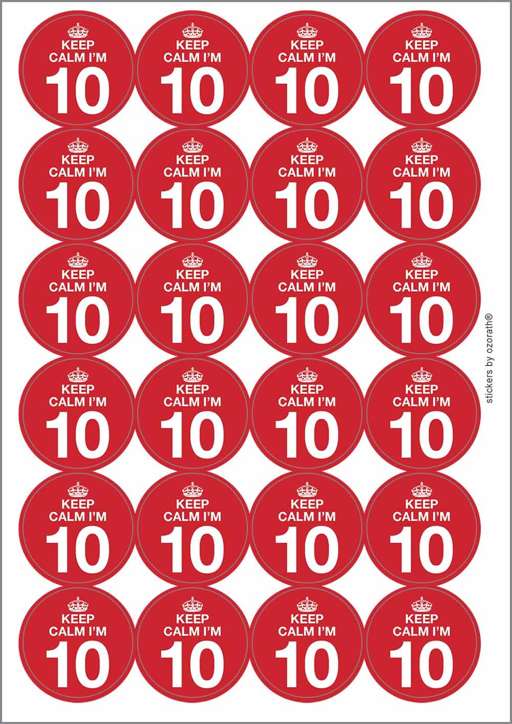 Keep Calm I'm 10 Ten Tenth 10th Birthday Circular Matt Paper Stickers A4 Sheet of 24 (Each Sticker is 45mm Diameter)