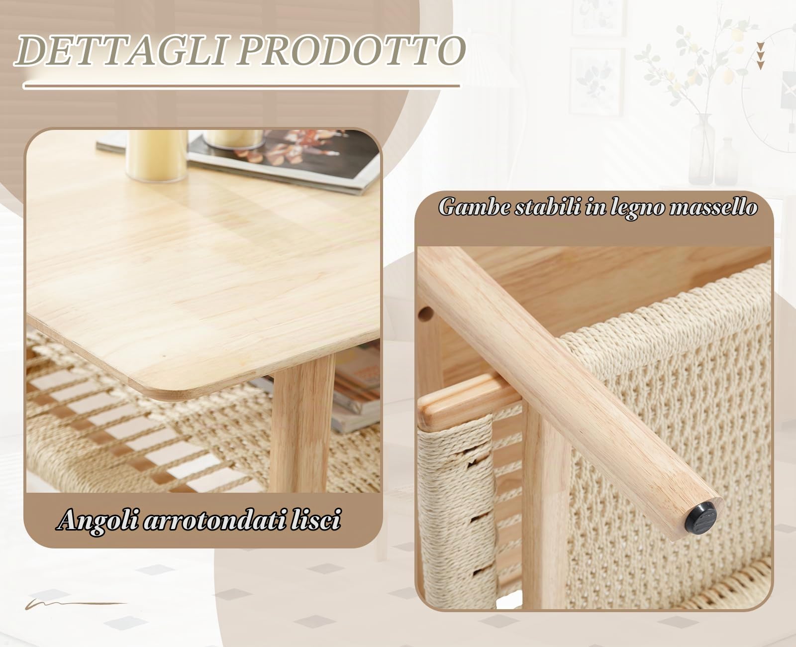 Ya-Home Tavolino da Salotto con Ripiano Intrecciato Tavolino da Caffè Moderno a Doppio Strato in Legno Tavolino Basso da Divano Soggiorno/Camera da Letto/Ufficio, Legno Naturale