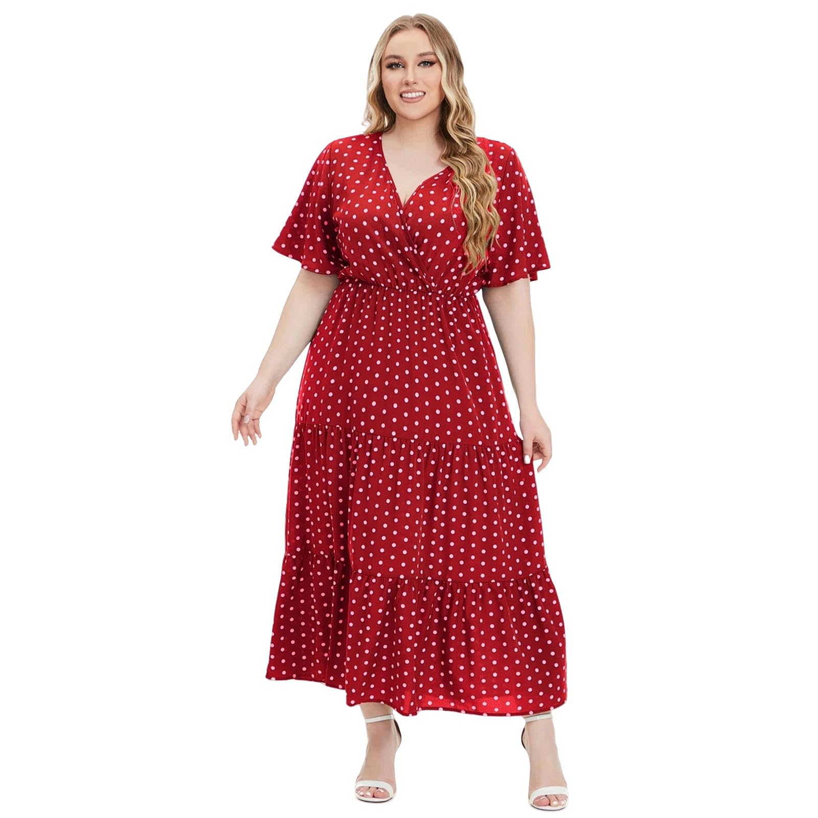 Casual Plus Size Polka Dots Dress Estate Manica Corta Scollo a V Sciolto Maxi Abiti Casuali, HUTALIM, Rosso, 3XL