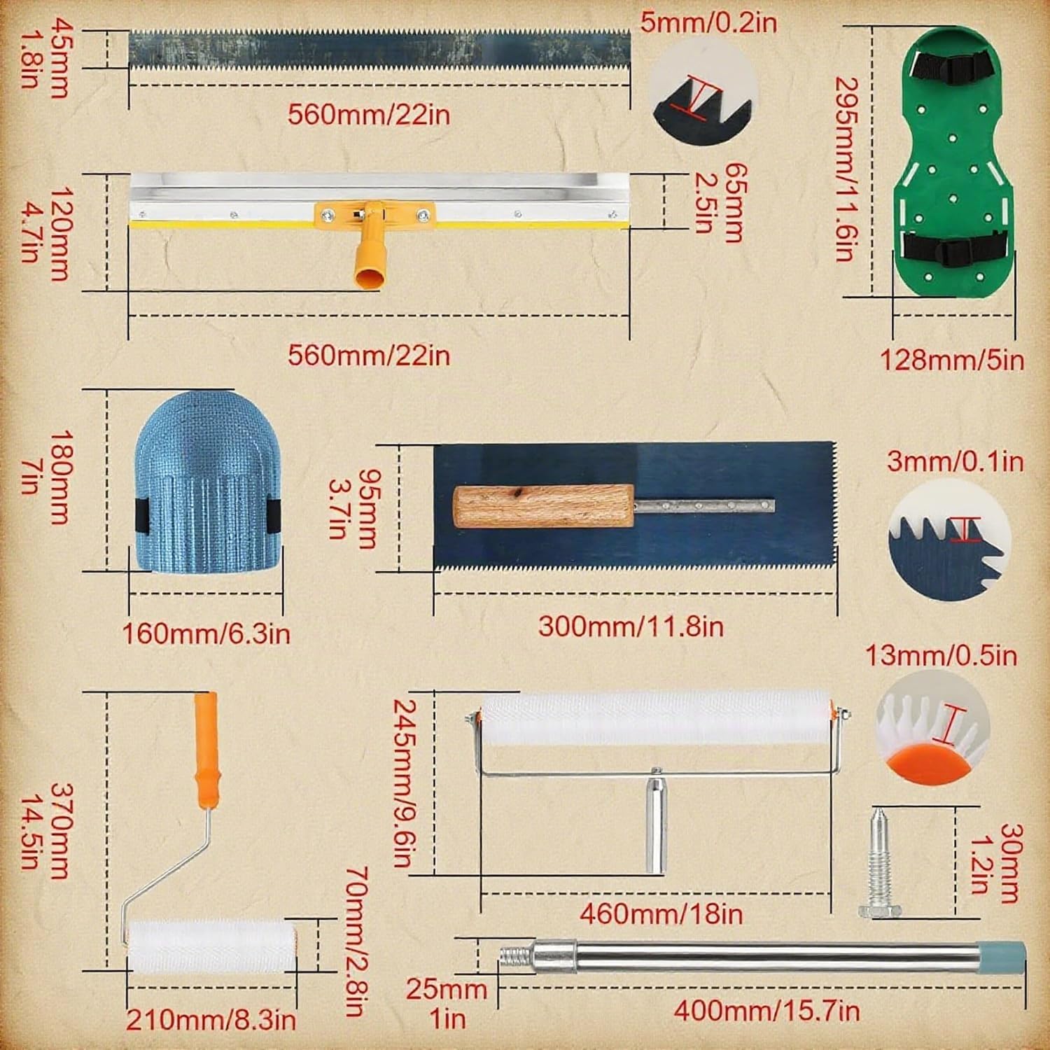 Kit Completo de Herramientas para Cemento Autonivelante con Rodillo de Púas Autonivelante, Rascador de Acero Inoxidable, Rastrillo, Palo Telescópico y Rodilleras