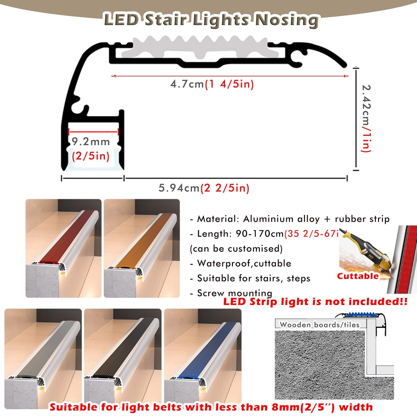 Wodoodporna aluminiowa listwa na nos na podczerwień z otworem na światło LED, antypoślizgowy ochraniacz Ed na schody, bieżniki - 5 sztuk, osłona podświetlenia 140 cm / 55in do kina, hotelu, domu