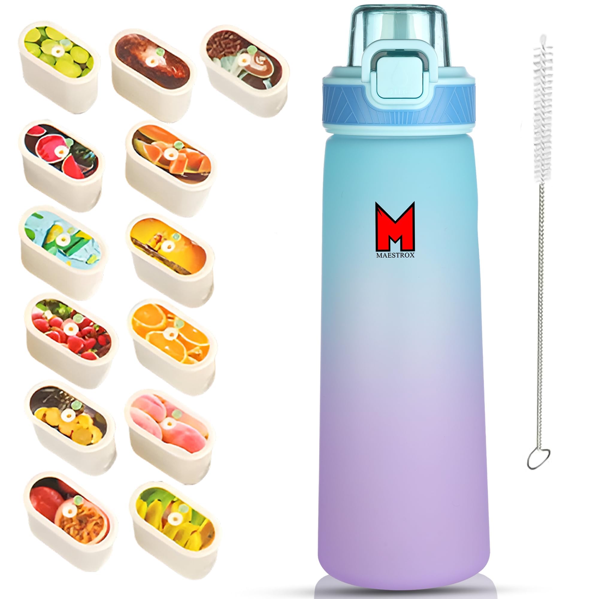 Maestrox Flavoured Water Bottle 700ML with 13 Flavour Pods, Straw, Cleaning Brush Reusable Fruit Flavour Bottle BPA Free & Leak Proof Design Portable Tritan Home, School, Travel, Office, Gym