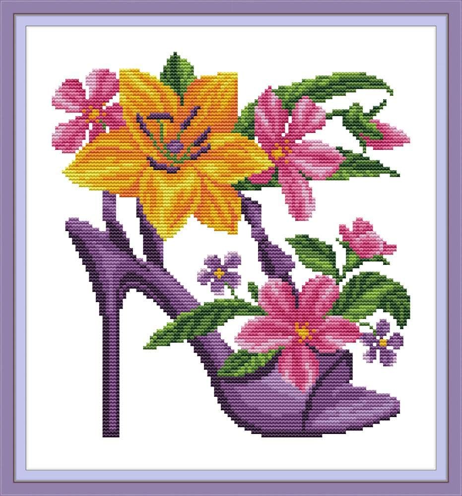 CaptainCrafts Cross Stitch Kits, Fashion high Heels Stamped Preprinted Fabric DIY Art Embroidery Kits (Preprinted 11CT, Purple)