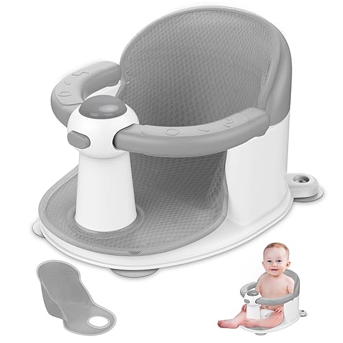 TOSGN Baby Bath Seat for Babies 6 Months & up, Soft Cushion, Non-Slip Baby Bath Seat, Safe & Comfortable Baby Bath Support, for Bathtub/Living Room/Shower Room (Grey)