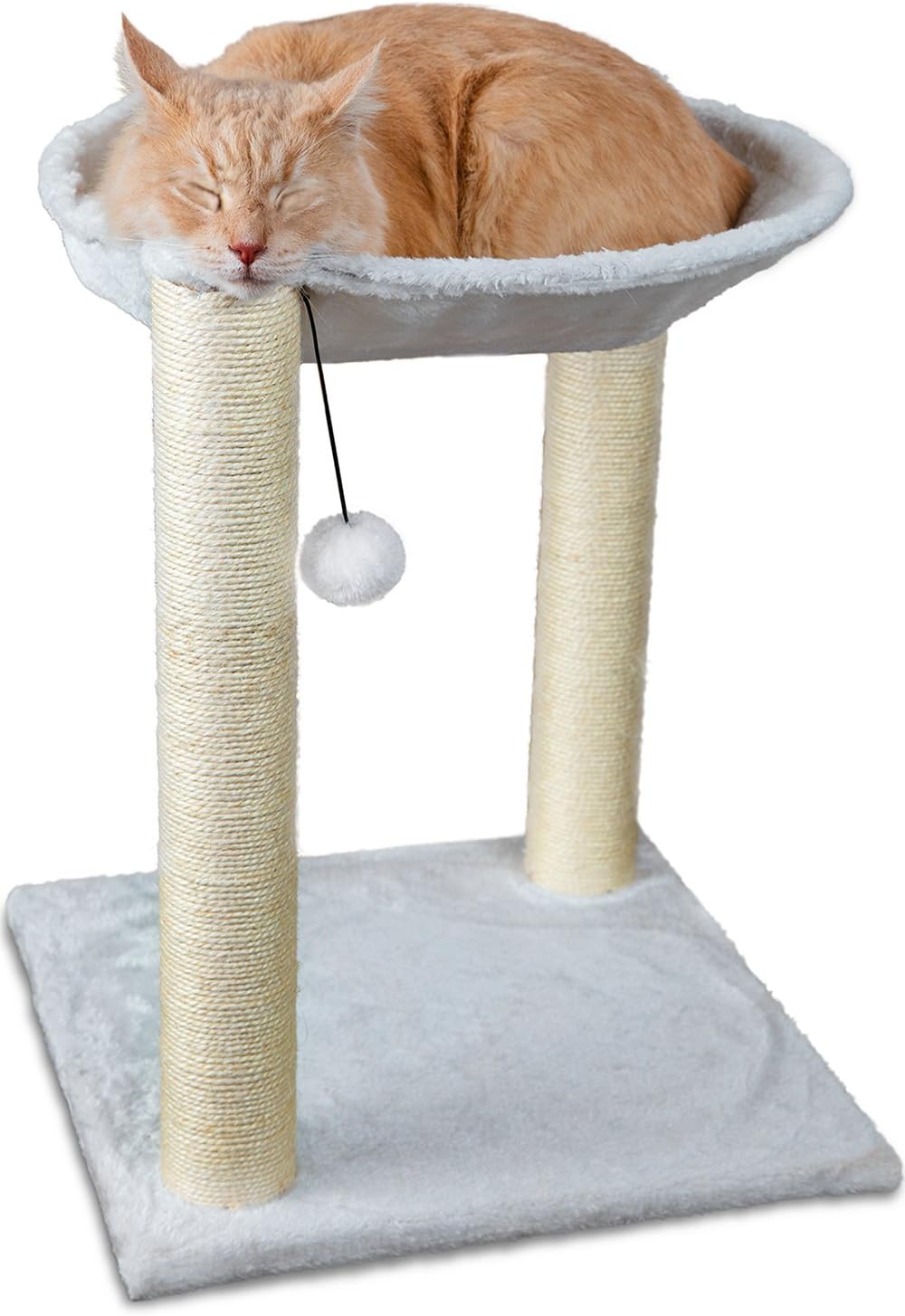 Paws & Pals 3-in-1 Cat Scratching Post w/Hammock & Toy | No-Effort Assembly, Sturdy Pressed-Wood w/Vegan Fur Carpet - Pet Bed Scratch Lounge Furniture Best for Kitten & Large Kitty Cats - Tall, White