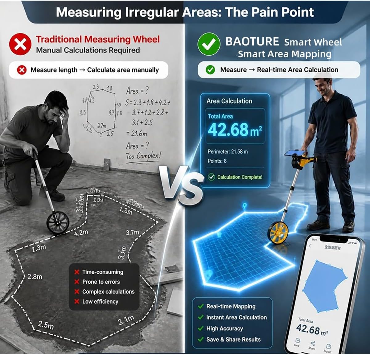 Digital Measuring Wheel with App & Backlit Display – Smart Area/Cost Estimation, DXF Export, Bluetooth Mapping – Telescoping Handle with Storage Bag – for Landscaping, Construction, Paving
