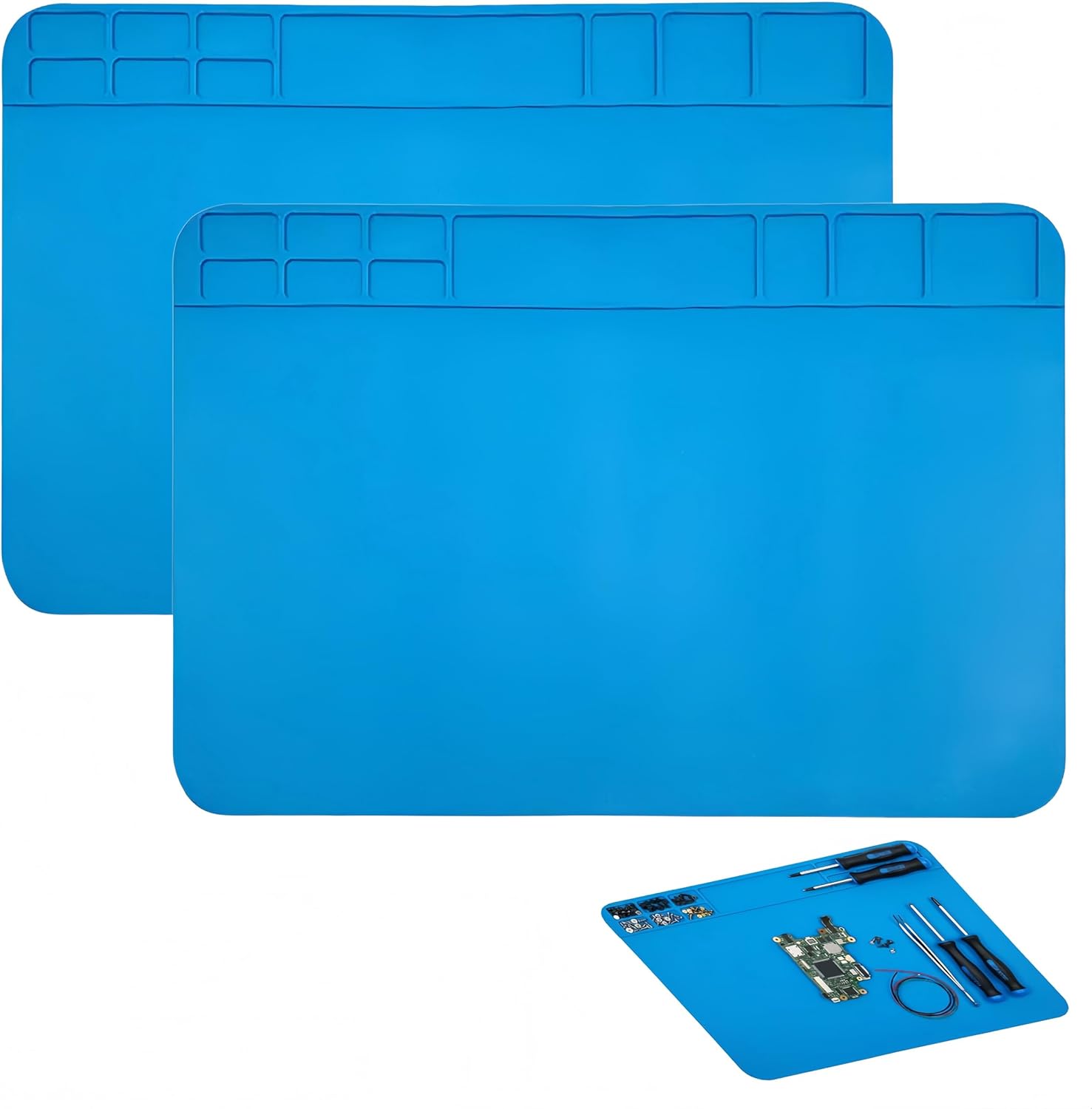 ESD Safe Soldering Mat, 2 Pcs 12”x8” Large Heat Resistant Repair Mat up to 932°F, Silicone Workstation with Grid for Phone, Laptop, Watch, BGA Electronics Repair (Blue)