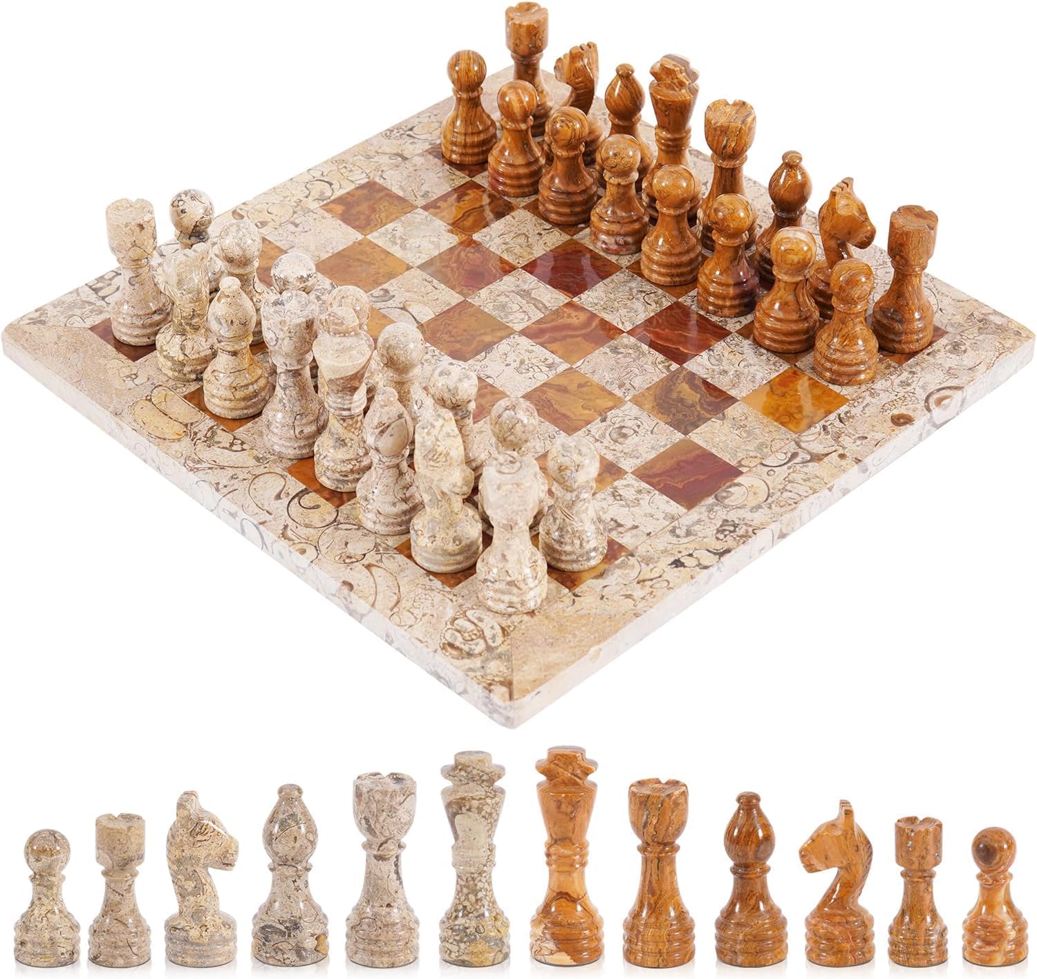 RADICALn Handmade Fossil Coral and Dark Brown Marble Full Chess Game Original Marble Chess Set